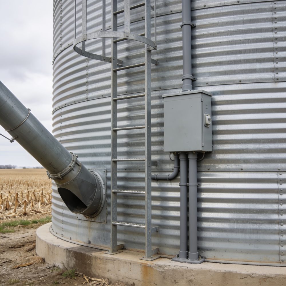 The base of a steel grain bin with new conduit running up the side and a weatherproof disconnect box mounted beside the access ladder