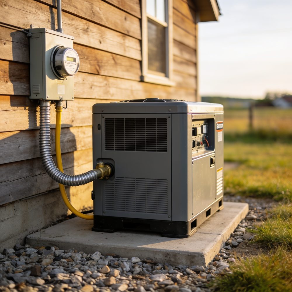 A standby generator on a concrete pad beside a farmhouse, flexible conduit and a yellow gas line running to the meter and transfer switch on the wall