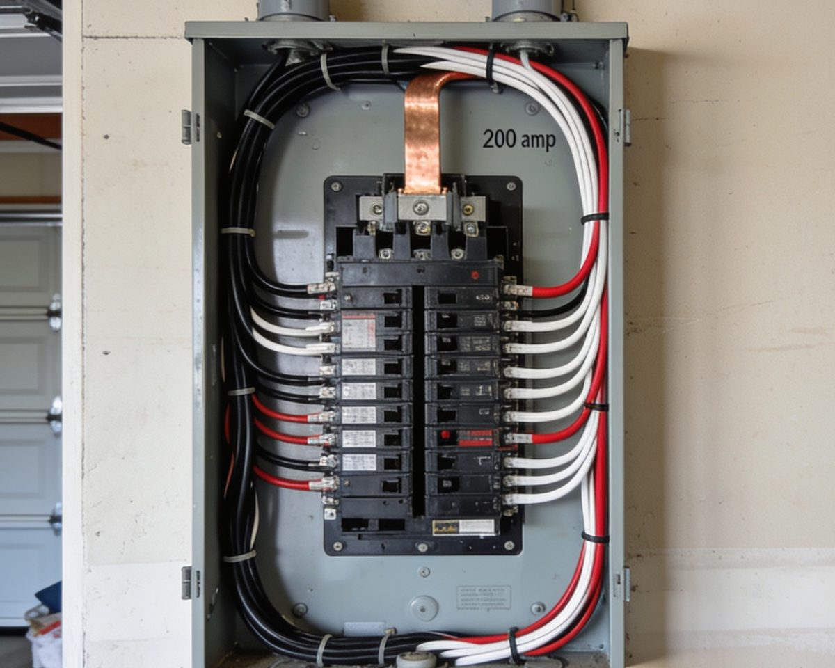 An opened 200 amp load center on a garage wall with the dead front cover off, the circuit conductors combed into straight runs and conduit entering the top
