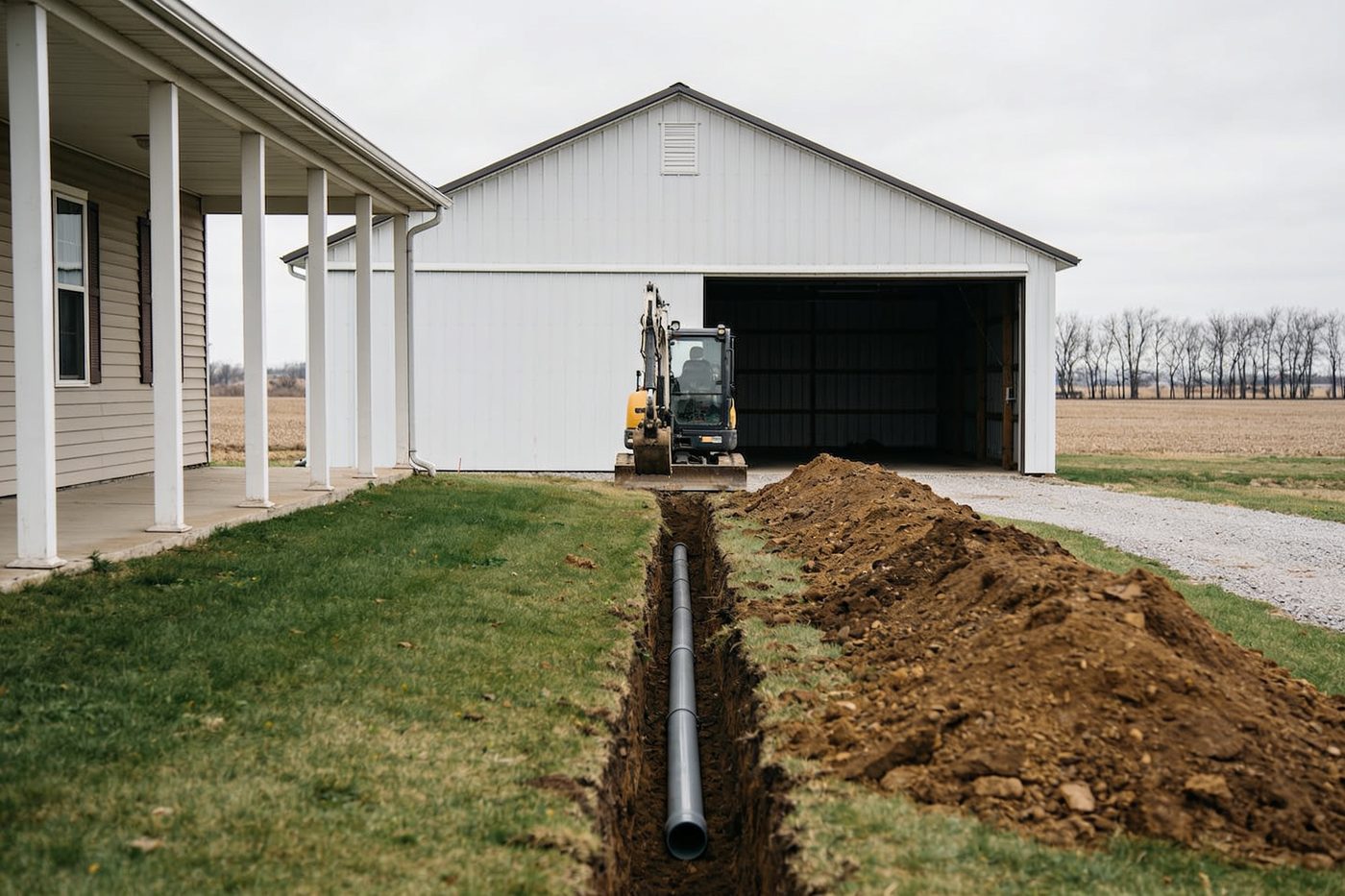 A trench cut across a yard from a house to a white metal shop building with grey conduit laid in the bottom of it and spoil piled alongside